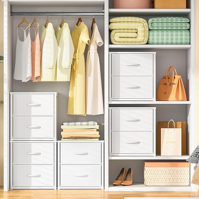 DAOUTIME Stackable Storage Drawers, White Closet Organizer with Wooden Top & Metal Frame, Closet Storage Drawers for Clothes, Freestanding or Stackable Dresser for Bedroom, Living Room, Under Bed