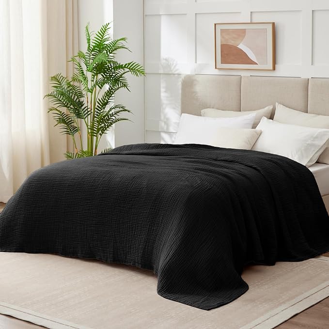 100% Cotton Muslin Blanket Queen 90" x 90", 6 Layers Breathable and Lightweight Cotton Throw Blankets for Bed, Soft Cooling Summer Gauze Blanket for Adults All Season, Black
