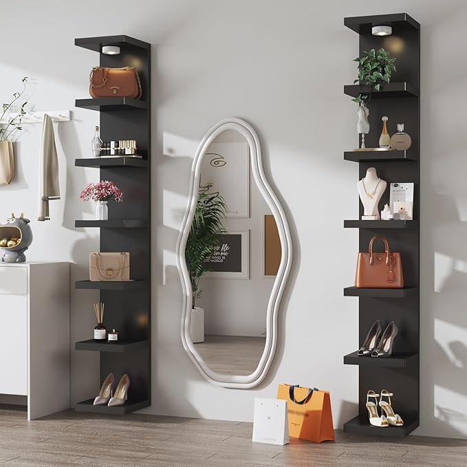7-Tier Vertical Wall Shelf Unit with USB Rechargeable Led Light (Remote Controlled),Versatile Floating Display Shelves,Lack Style Wall Shelves for Bedroom,Living Room,Office Decor,Vanity-Black
