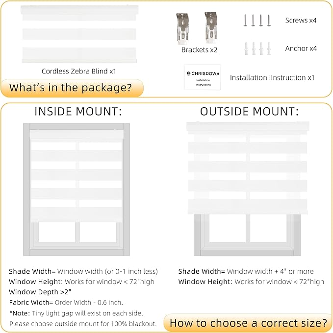 ChrisDowa Cordless Zebra Blinds for Windows, Dual Layer Free-Stop Light Filtering Window Roller Shades, Pull Down Privacy Zebra Shades for Home, Office, Bedroom, Door (67" W x 72" H, White)