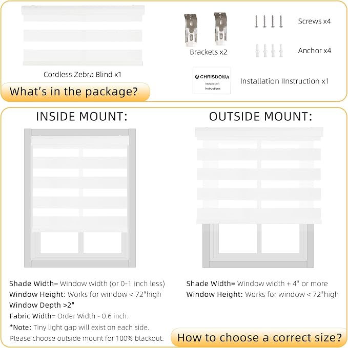 ChrisDowa Cordless Zebra Blinds for Windows, Dual Layer Free-Stop Light Filtering Window Roller Shades, Pull Down Privacy Zebra Shades for Home, Office, Bedroom, Door (53" W x 72" H, White)