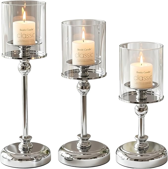 Sliver Hurricane Candle Holders - Set of 3 Tall Candlestick Holders Windproof Taper Candle Holders, Metal Stand for Table Centerpiece Outdoor Indoor Wedding Party Holiday Decor