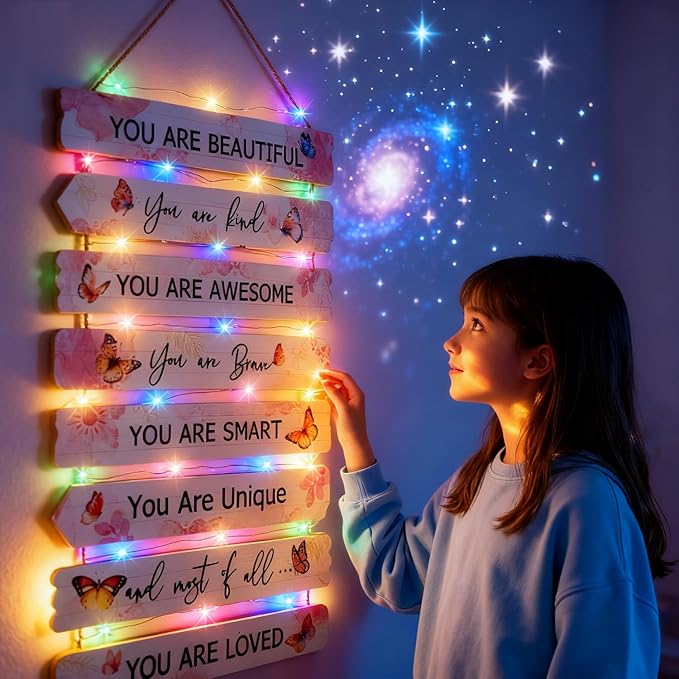 Vintage Classic Butterfly Sign Nursery Wall Decor Set of 8 with LED Lights, 11.4x2 Pink Cute Plaque Wall Art for Baby Girl Kid Teen Toddlers, 8 PCS Positive Wooden Quote Gift for kawaii Fairy Room