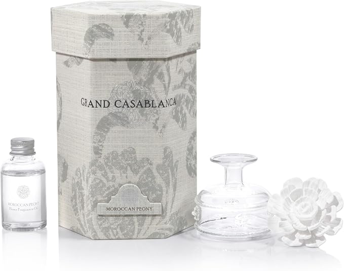 Zodax Grand Casablanca Reed Diffuser - Home Fragrance Oil Diffuser Ideal for Living Room, Bathroom, Office - Porcelain Flower Design - Gift Box Packaging Included - Moroccan Peony - 1.69 Oz.
