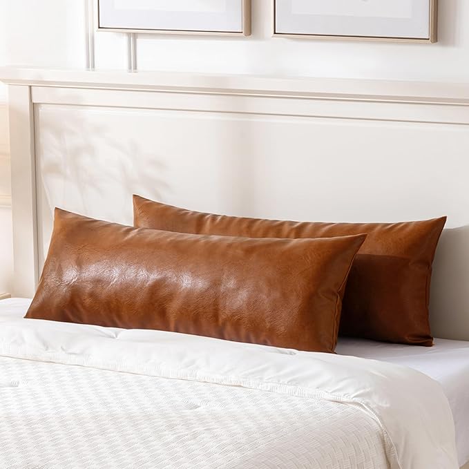 Fancy Homi Brown Boho Long Lumbar Faux Leather Body Decorative Throw Pillow Cover 14x40 Inch for Bedroom Couch Bed Sofa Bench, Thick Stylish Solid Square PillowCase, Rustic Modern Farmhouse Room Decor