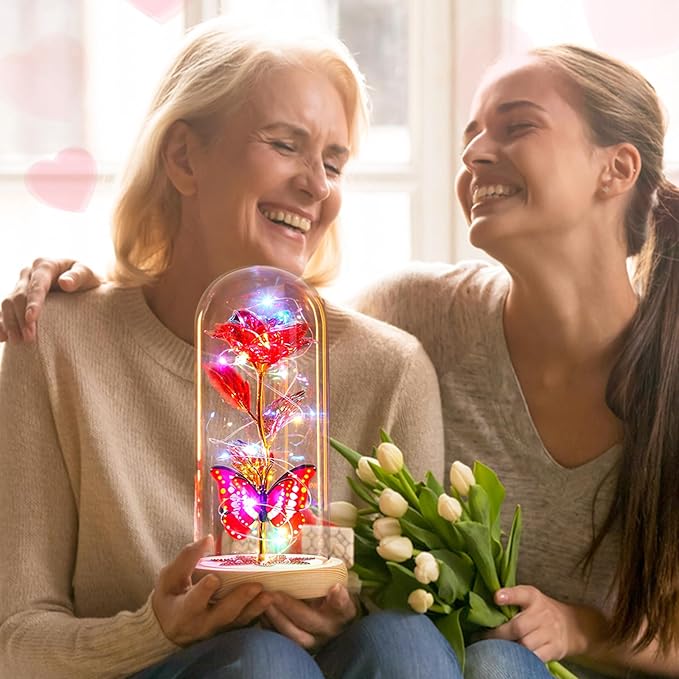 Beferr Birthday Gifts for Women Galaxy Glass Rose Forever Preserved Flowers for Delivery Light Up Rose in Glass Dome Mothers Day Butterfly Gifts for Mom Wife Grandma Her Daughter Girlfriend