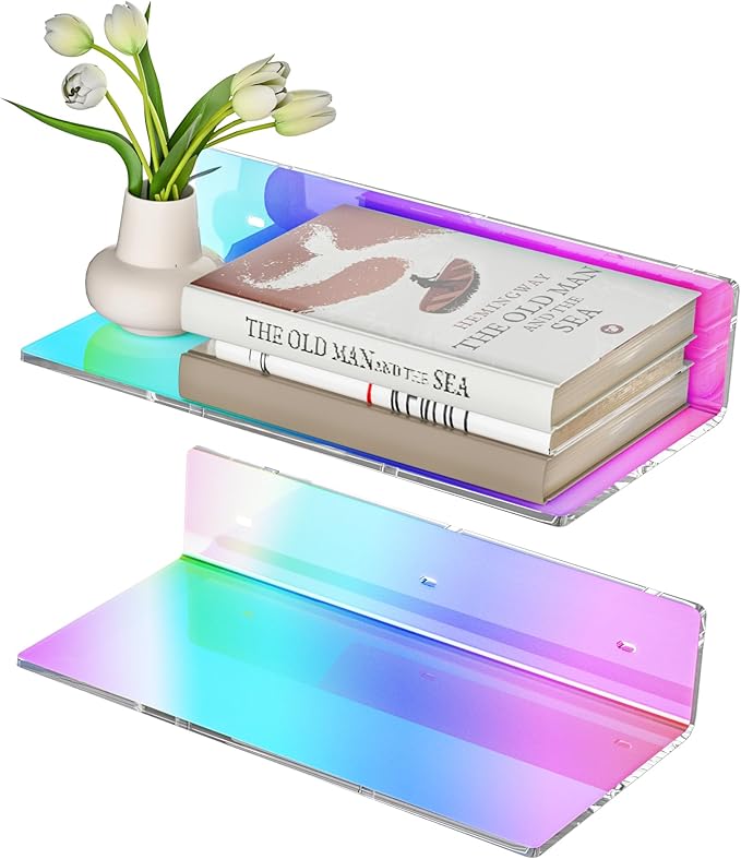 Sezanrpt 12 Inches Iridescent Acrylic Wall Shelves Set of 2, Wall Mounted Shelf for Funko Pop Shelves, Smart Speaker, Plants, Picture Frame, Digital Clock, 2 Pack