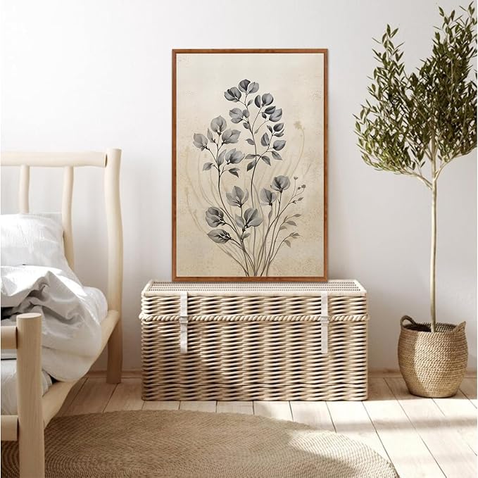 LHIUEM Vintage Flower Framed Canvas Wall Art,Boho Botanical Wall Decor,Rustic Beige Floral Painting,Nature Wildflower Artwork for Living Room,Bedroom,Dining Room,Farmhouse -24"x36"x3