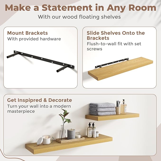 24 Inch Floating Shelves for Wall with Invisible Brackets Set of 2, 8"D Engineered Wood Wall Shelves with Wood Grain for Living Room, Bedroom, Bathroom, Kitchen Decor and Storage, Oak Finish