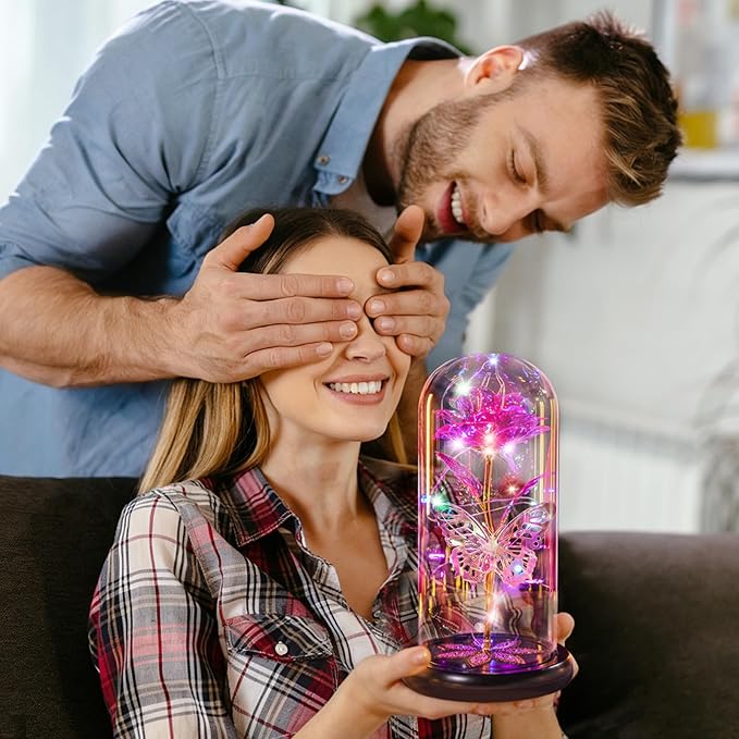 Mothers Day Flowers Gifts for Mom Women Birthday Gift, Galaxy Glass Rose Forever Eternal Crystal Flowers Rose in Glass Dome with Butterfly Mother's Day Roses Gifts for Mom Daughter Wife Grandma Pink
