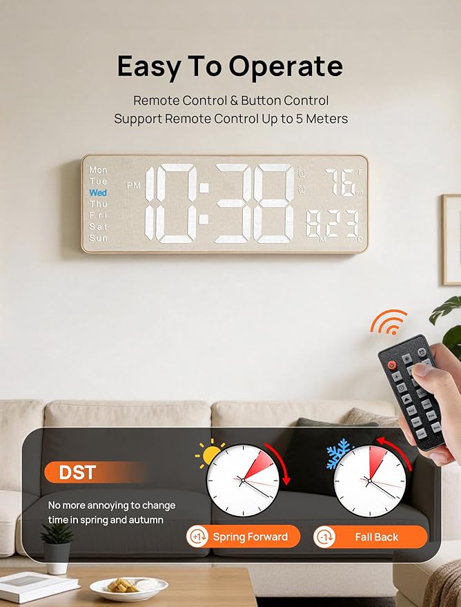 MASHI 2026 Upgrade Digital Wall Clock, 16" Large Display Digital Clock with Remote Control, Auto-Dimming Wall Clock with Night Light, DST, Date Week,Temp for Living Room, Gift for Elderly (Beige)