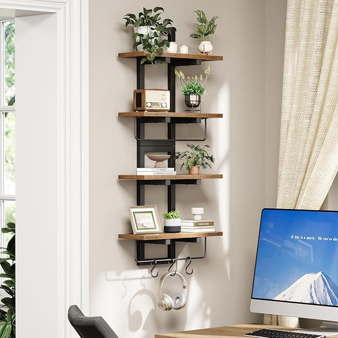 Creso hom Floating Shelves for Wall Set of 2, Wood Wall Shelf with 6 Hooks, 2 Tier Hanging Decorative Storage Shelves for Living Room Bedroom Bathroom Kitchen Office Coffee Bar, Rustic Brown