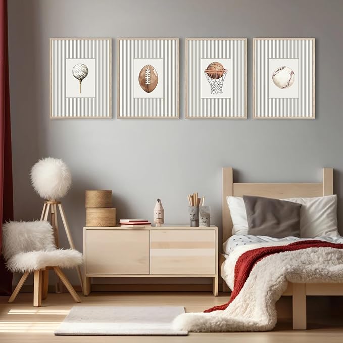Sports Wall Art Decor Toddler Boys Room Canvas Prints Vintage Sports Nursery Wall Decor Kids Poster Football Baseball Pictures Basketball Golf Painting Artwork for Bedroom 12x16 Inch Unframed Set of 4