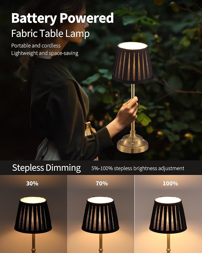 KDG Cordless LED Table Lamp Set of 2, Portables Fabric Shade Desk Lamps, 5000mAh Rechargeable Battery Powered Lighting, Dimmable Light for Dining Room, Bedroom, Bedside,Night Light, Balcony (Black)