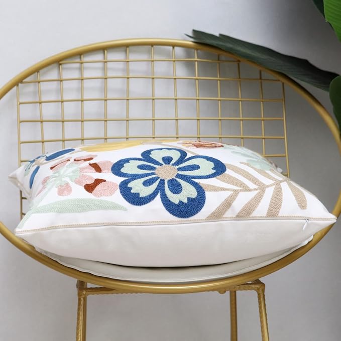 Pack of 2 Embroidered Decorative Throw Pillow Cover 18x18 Inch Farmhouse Floral Pillowcase for Living Room Sofa Bed (Floral)