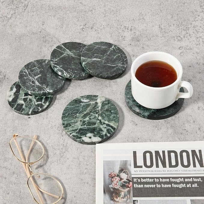 Koville Marble Coasters, Round Modern Coaster Set of 4 for Drinks, 4" Stone Coaster Heat Resistant, Decorative Marble Coasters for Coffee Table Home Bar Decor, Gift Choice(Verde Alpi)