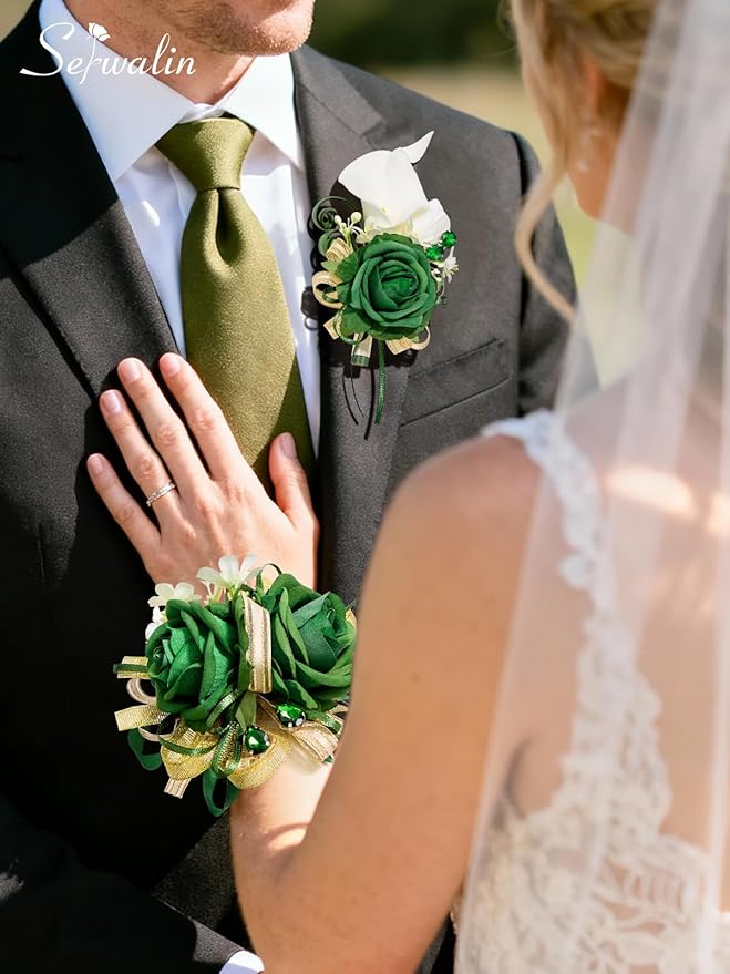 Serwalin Green Prom Corsage and Boutonniere Set, Artificial Calla Lily & Rose Wrist Corsage Wristlet for Homecoming, Formal Dance, Wedding Flower Accessories Suit Decorations