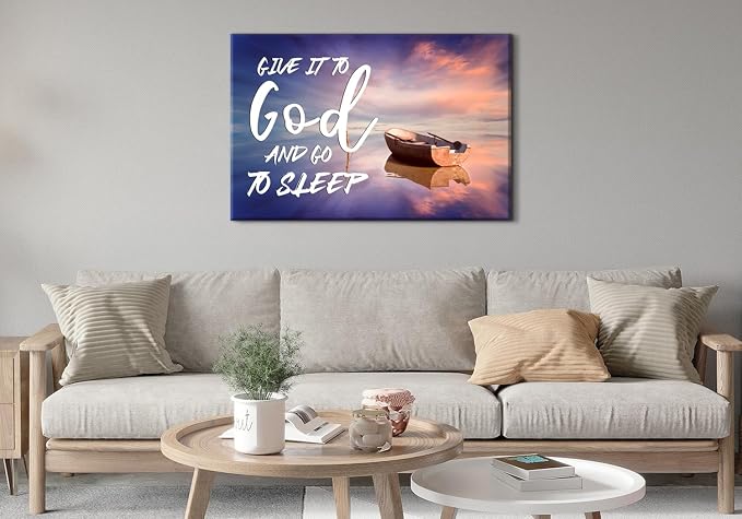 Christian Wall Art for Bedroom Give It to God and Go to Sleep Sign Canvas Prints Office Decor Boat Beach Picture Religious Poster Bible Verse Painting for Living Room Kitchen Home Decorations 32x48''