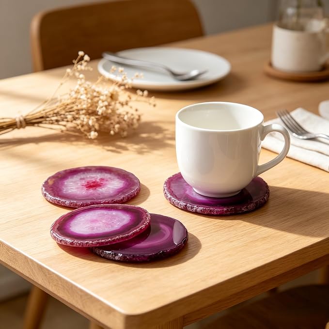 Pink Geode Drink Coasters Dyed 4-5" Set Agate Slice Large Gemstone Crystal Cup Mats for Coffee Table Wedding Creative Cards