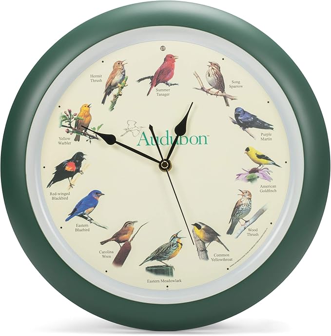 Mark Feldstein, Audubon Singing Bird Wall Clock, 13 Inch, Green