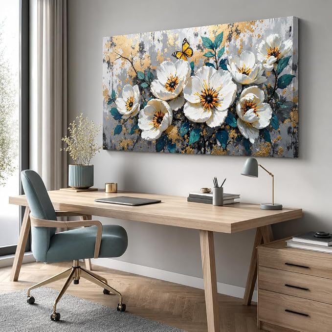 Wall Art Flower Abstract Canvas Painting Textured Picture, Modern Landscape Artwork Framed for Living Room Bedroom Bathroom Office Home Decor 40x20in