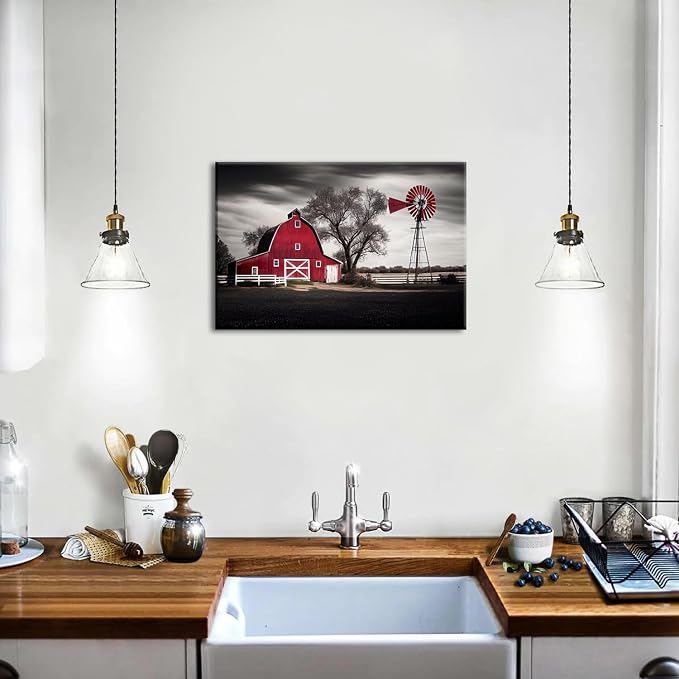 Farmhouse Windmill Wall Decor Red Barn Wall Art Bedroom Vintage Country Landscape Canvas Pictures for Living Room Farm Black White Old House Poster Nature Artwork Kitchen Office Home Decorations 12x16"