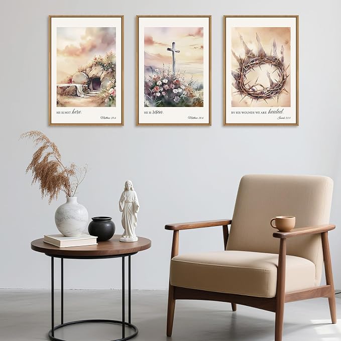 Vintage Christian Cross Framed Wall Art Set, Jesus Empty Tomb Canvas Wall Decor, Religious Bible Painting, Jesus Crucifixion Risen Easter Artwork for Living Room, Bedroom, Church -16''X24''X3
