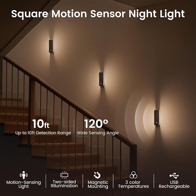 Motion Sensor Night Light Indoor, Rechargeable Wood Sensor Stair Lights, Magnetic Stick-on Light, Soft Two-Sided Glow, Adjustable Brightness for Bedroom, Hallway