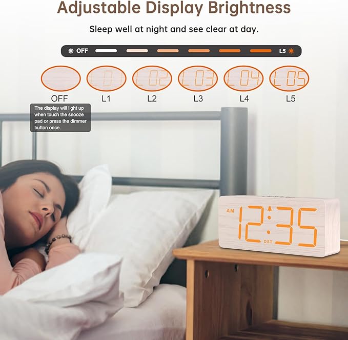 DreamSky Wooden Digital Alarm Clock for Bedroom - Loud Alarm Clock for Heavy Sleepers with Volume Control, Desk Clocks for Living Room with Large Numbers, Dimmer, DST, Wood Decor (Plug in Clock)