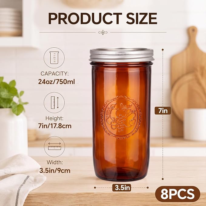 Norme 8 Pieces Amber Mason Jars 24 oz Amber Glass Mason Jar with Airtight Lids Canning Apothecary for Pickle Fermenting Canning Freezing Beverages Preserving