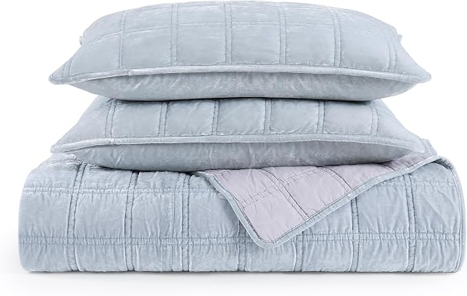 HiEnd Accent Stella Faux Silk Velvet Double Box Stitch 3 Piece Quilt Set, King Size, Light Blue Solid Color, Classic Chic Modern Rustic Elegant Bedding Set, Lightweight Bed Set