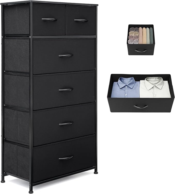 Fabric Dresser for Bedroom, Tall Skinny Dresser with 6 Drawers, Storage Organizer Tower, Steel Frame Wooden Top for Closet, Living Room, Hallway, Nursery(Black)