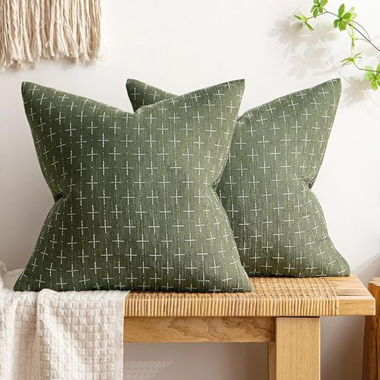 MIULEE Pack of 2 Vintage Decorative Burlap Linen Spring Throw Pillow Covers Modern Farmhouse Pillowcase Rustic Woven Textured Cushion Cover for Sofa Couch Bed 20x20 Inch Olive Green