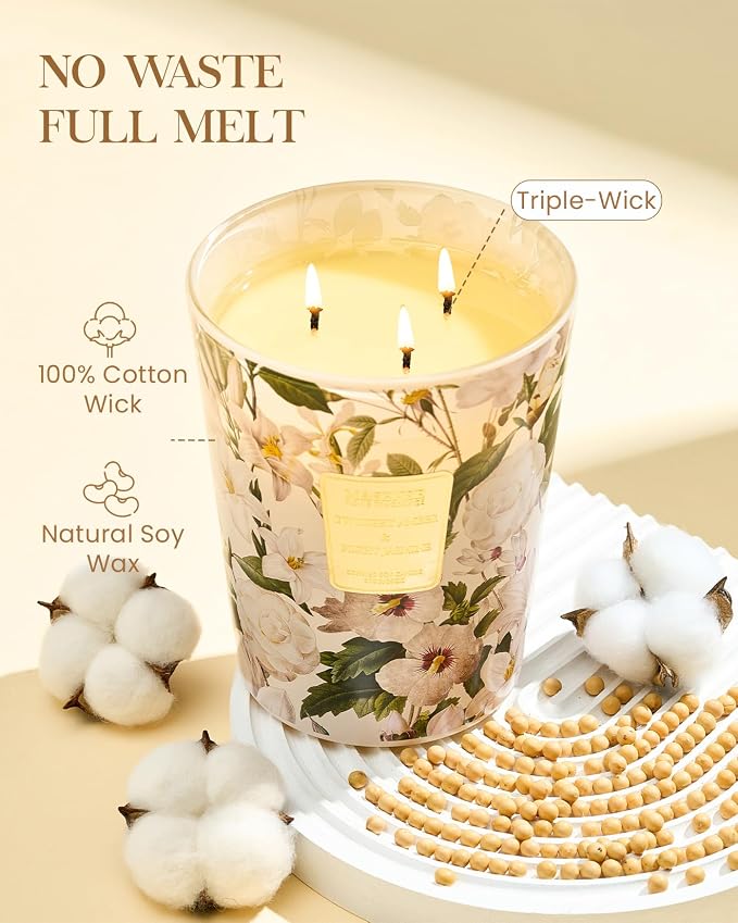 M&SENSE Amber Jasmine Soy Candle, 35oz 3-Wick, Warm Floral Stress Relief | 150H Slow Burn, Non-Toxic, Large Jar, Women Gift, Bedroom Calm, Relaxation, Home Fragrance