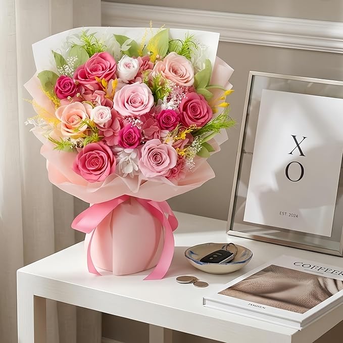 XTYFJGVA 12 Preserved Pink Roses Bouquet, Flowers for Delivery, Real Roses That Last 1-3 Years, Birthday Gifts for Women, Forever Flower Gifts for Mom, Wife, Grandma, Her on Mothers Day, Anniversary