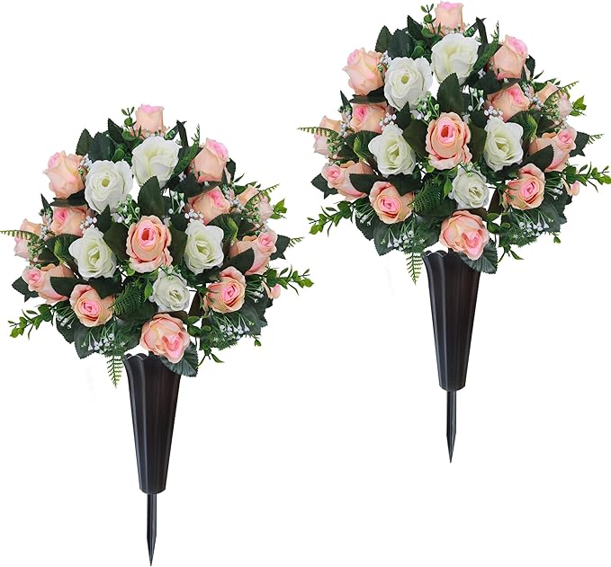 Lodou Set of 2 Artificial Cemetery Flowers, Memorial Flowers Bouquet,Grave Memorial Flowers with Vase for Cemetery Headstones Decoration (Beige White)