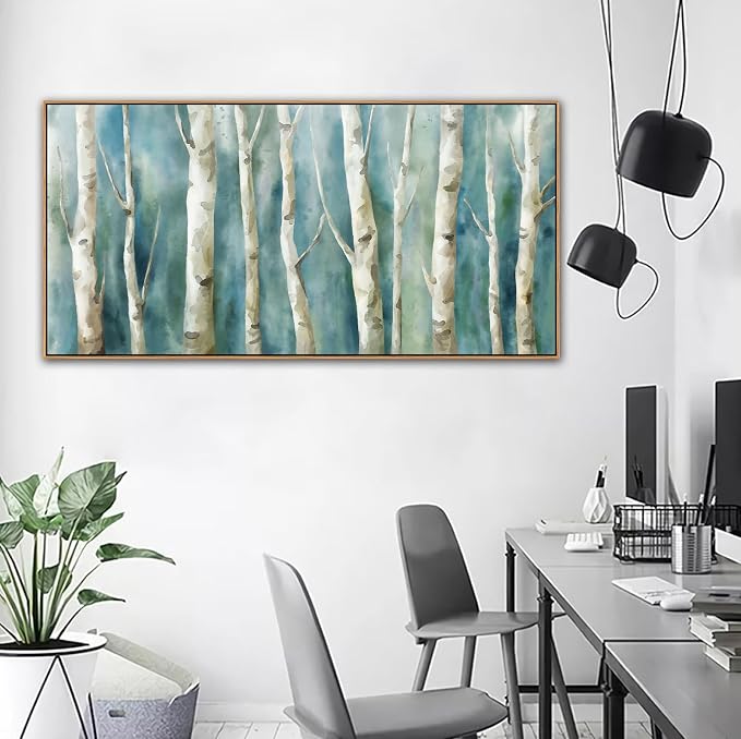 Framed Birch Canvas Wall Art - Abstract Birch Tree Pictures for Modern Turquoise Canvas Painting Nature Printing Artwork for Living Room Bedroom Home Office Wall Decoration 29" x 58