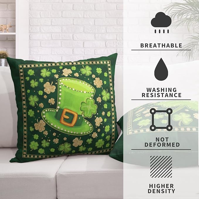 Saint Patricks Day Outdoor Pillow Covers Green Plaid Shamrock Pillow Cases 22x22 Set of 2 Lucky Charm Clover Hat Cushion Cases for Home Sofa Couch St Patricks Day Decor