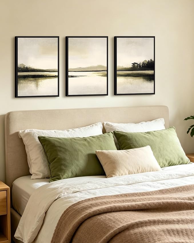 PHOPAGO Abstract Lake Landscape Framed Wall Art Watercolor Nature Wilderness Paints Nordic Neutral Tan Illustration Decorative - 12x16in Black Framed