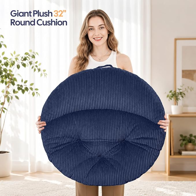 Meditation Cushion, 32 Inch Large Round Floor Pillow, Navy Blue | Soft Tufted Corduroy Meditation Pillow for Adults with Handle for Yoga, Cozy Meditation Mat for Reading and Tatami Seating