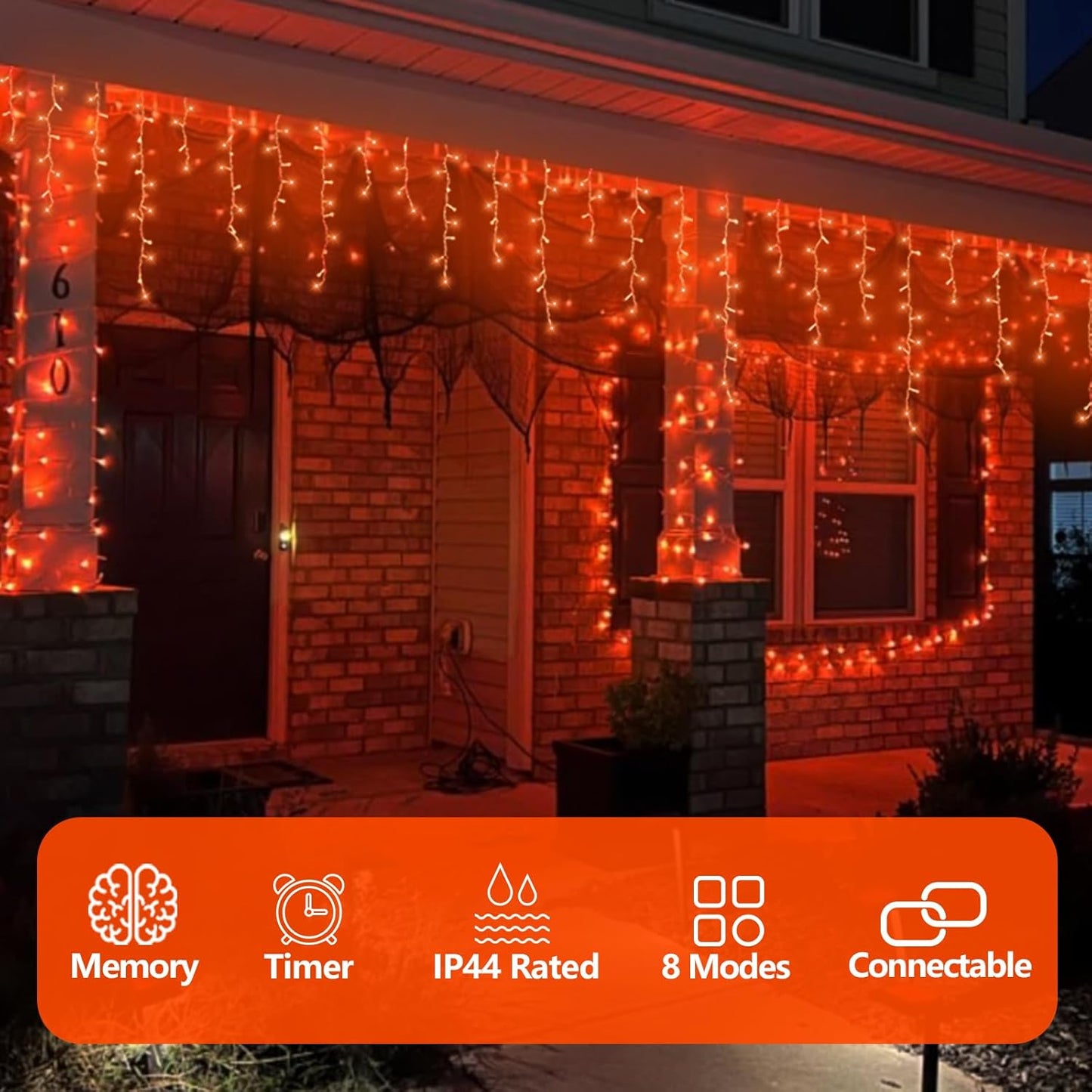 QITONG Orange Lights for Halloween, 33ft 400 LED Icicle Light for Outside with 8 Modes, Clear Wire Connectable Christmas Lights Indoor Plug in