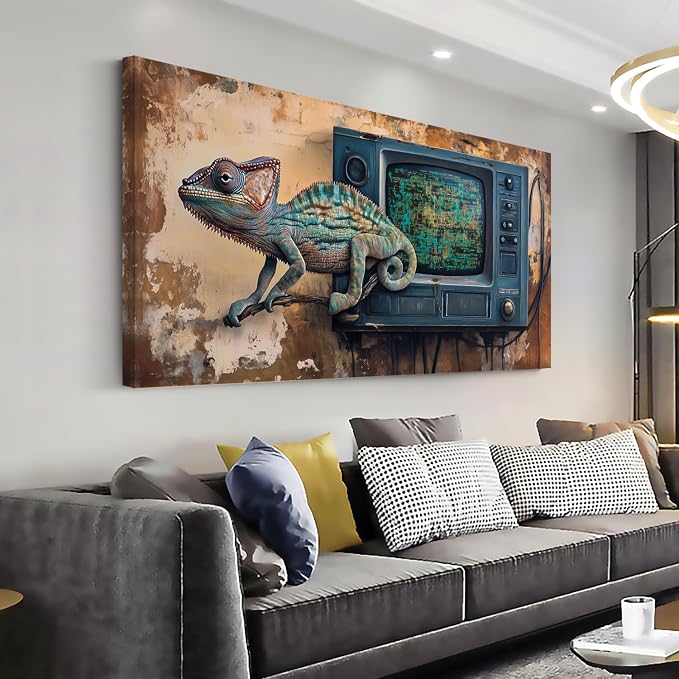Ggaafet Retro Chameleon Wall Art for Bedroom Canvas Painting Prints Rustic TV Television Art Deco Fantasy Artwork Office Farmhouse Dining Room Decor