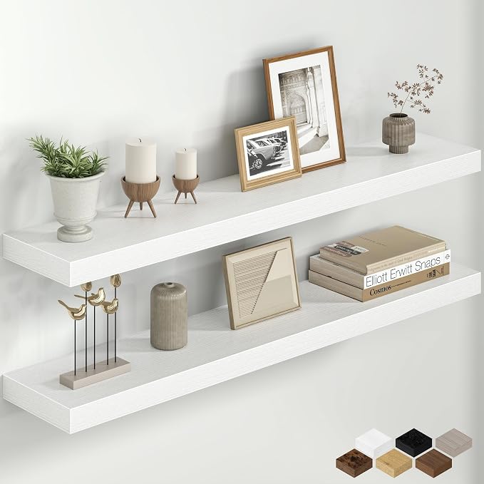 Fun Memories 40 Inch Floating Shelves for Wall, 8 Inch Deep Rustic Wood Floating Shelves Set of 2, Wall Mounted Hanging Shelf with Invisible Brackets for Bathroom, Bedroom, Kitchen, Living Room, White