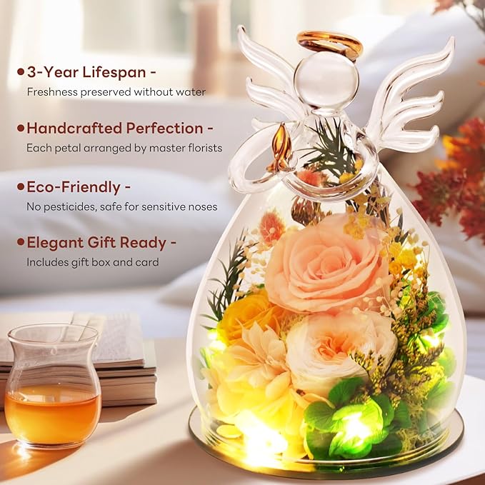 for Mom - Preserved Rose Forever Flower in Glass Angel Figurines, Real Rose Birthday Gifts for Women Grandma Wife, Anniversary Fresh Flower Delivery from Daughter Son