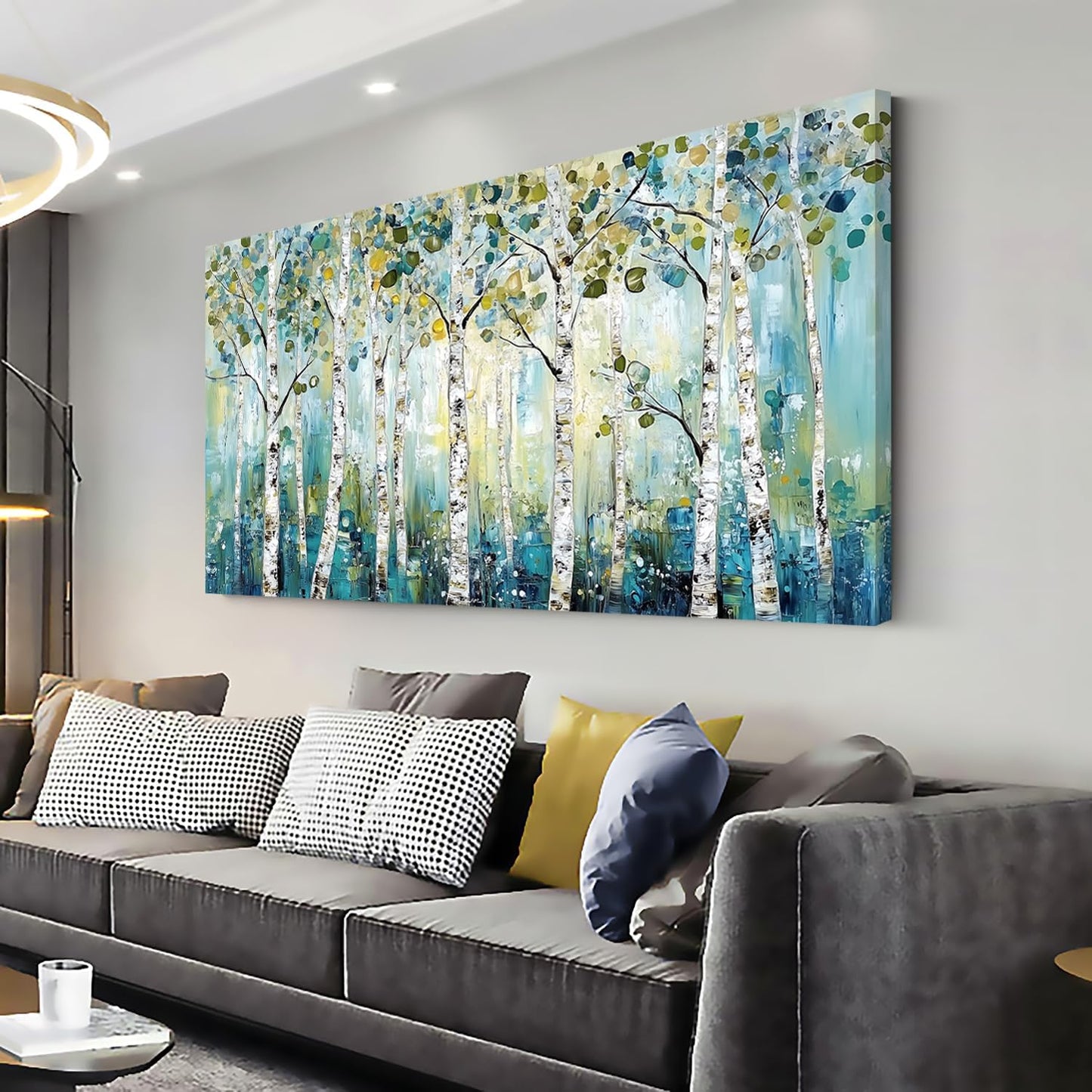 LASMOND Abstract Teal Grove Canvas Paintings Prints Modern Tree Wood Artwork Decor Wall Art for Living Room Bedroom Offices (40x20 Inches)