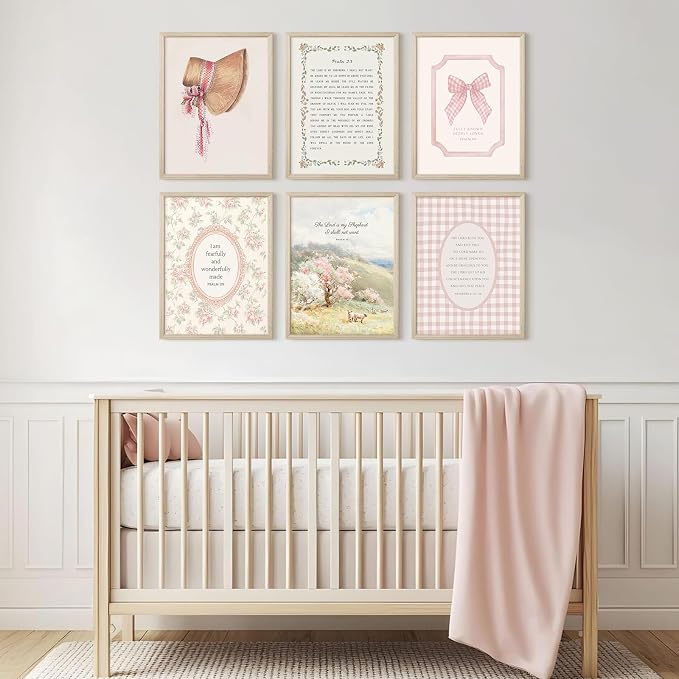 Christian Nursery Wall Art Bible Verse Canvas Wall Decor Pink Vintage Girls Nursery Poster Scripture Floral Bow Print Coquette Room Decor Pictures Jesus Artwork for Bedroom 8x10x6 Inch Wood Framed