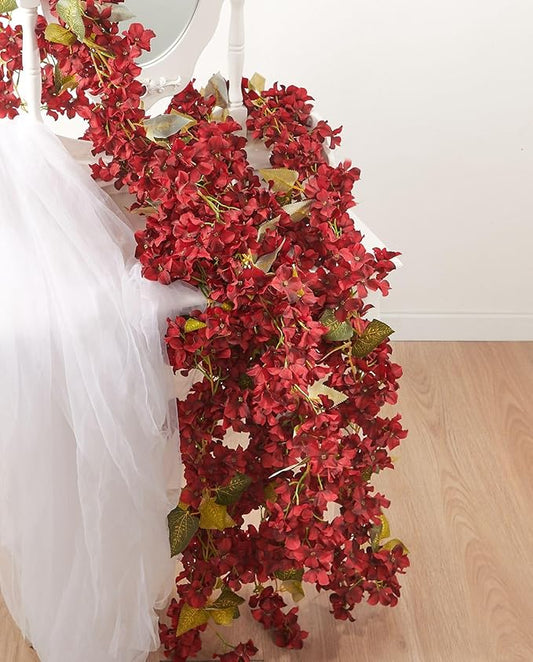 PONKING Flower Garland, Artificial Hydrangea Vine Flowers, Hanging Fake Hydrangeas Vine for Room Anniversary Wedding Birthday Christmas Wall Arch Decor, 2 Pcs, Floral Garland, Red Flower