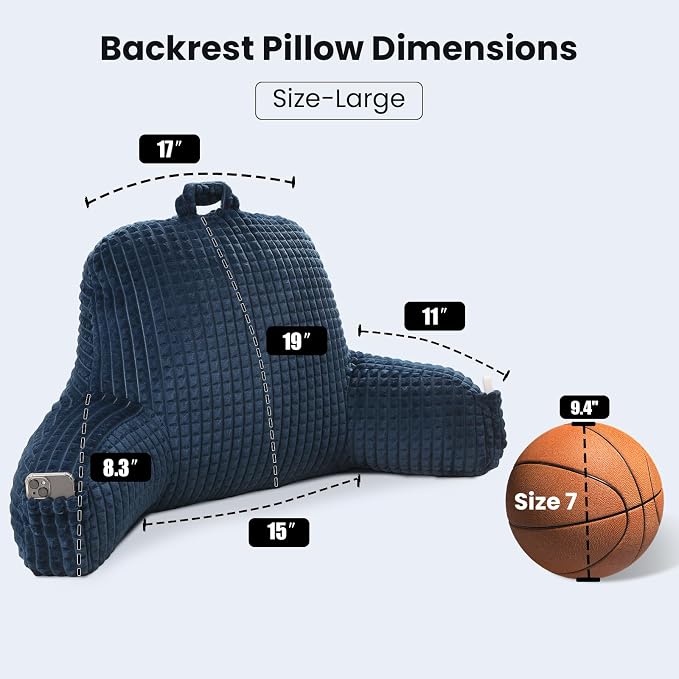 Reading Pillow with Arms for Bed Sitting,Blue Flannel | Large Supportive Backrest with Arms Helps Ease Neck,Shoulder & Arm Strain While Gaming Reading or Watching TV