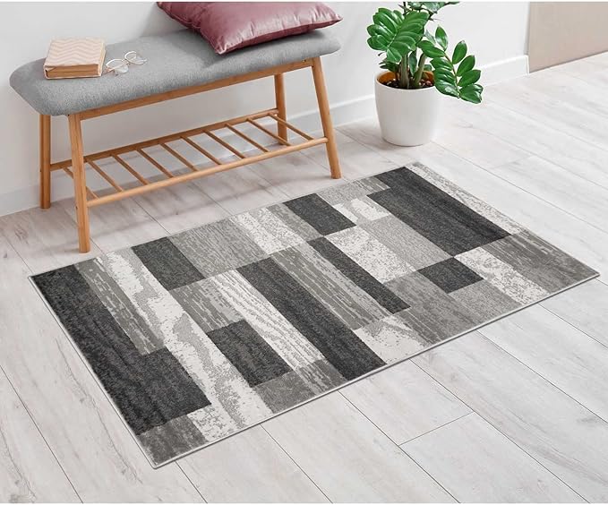 Superior Indoor Area Rug, Jute Backed, Modern Geometric Patchwork Floor Decor for Bedroom, Office, Living Room, Entryway, Hardwood Floors, Rockwood Collection, 3' x 5', Charcoal