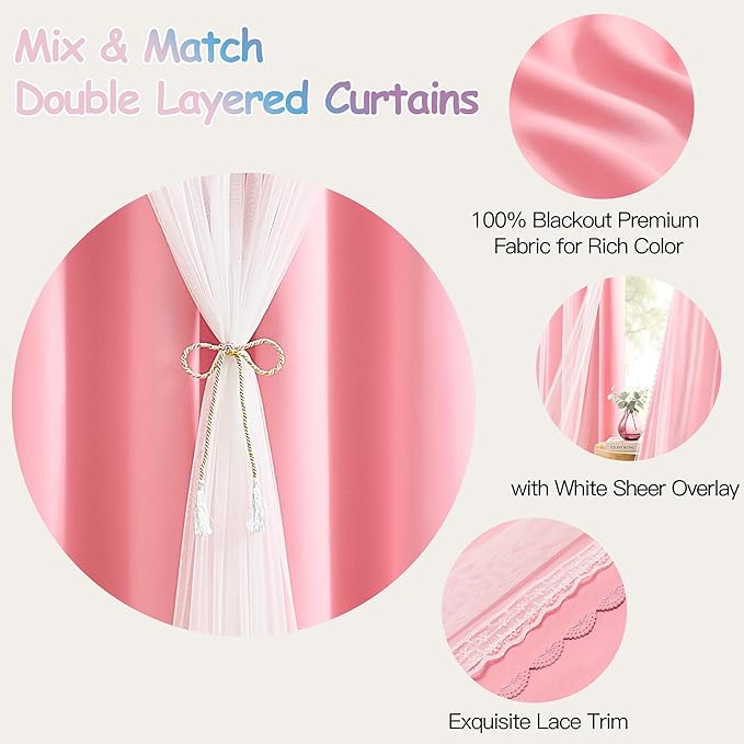XiDi Pink Blackout Curtains with Sheer Overlay for Girls Kids Bedroom 96 Inches Long Princess Nursery Pink Lace Double Layer Curtains Thermal Insulated Room Darkening Grommet Drapes 2 Panels W34xL96